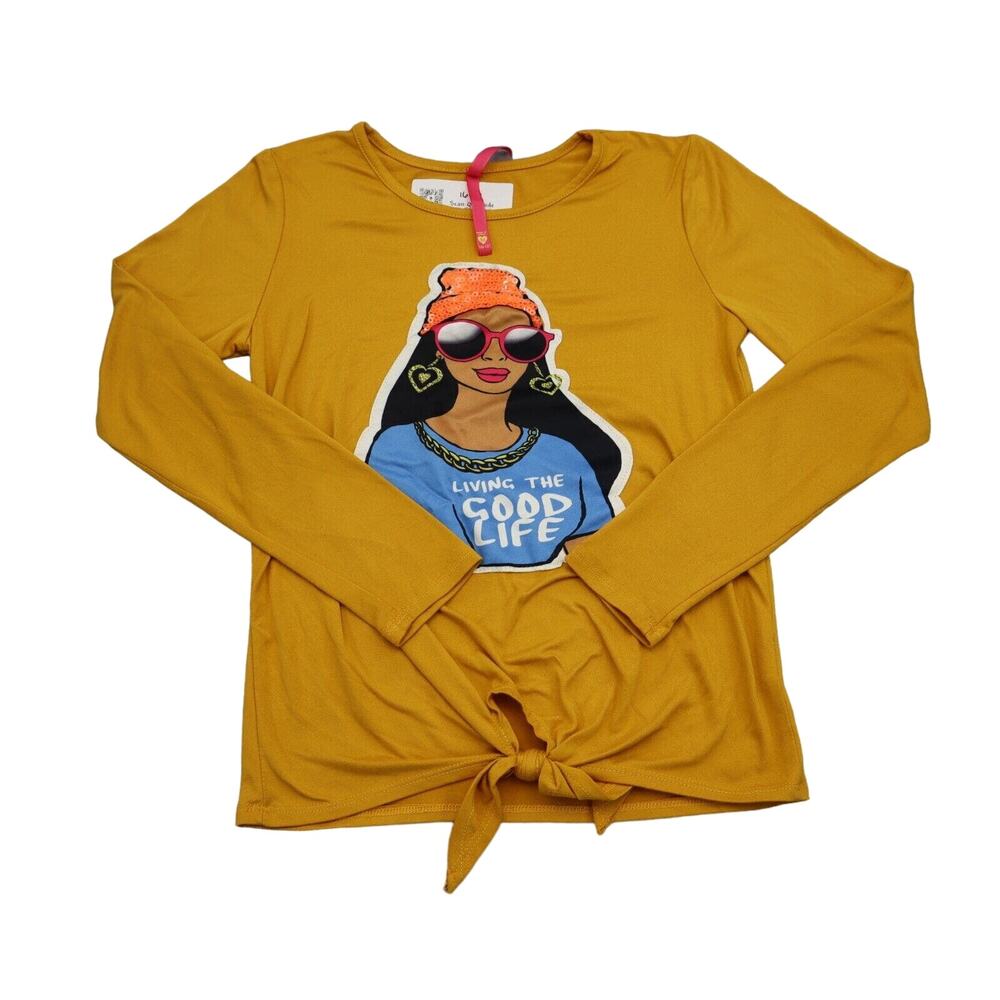 Cute 4 U Shirt Girls M Yellow Long Sleeve Round Neck Graphic Print Stretch Tee